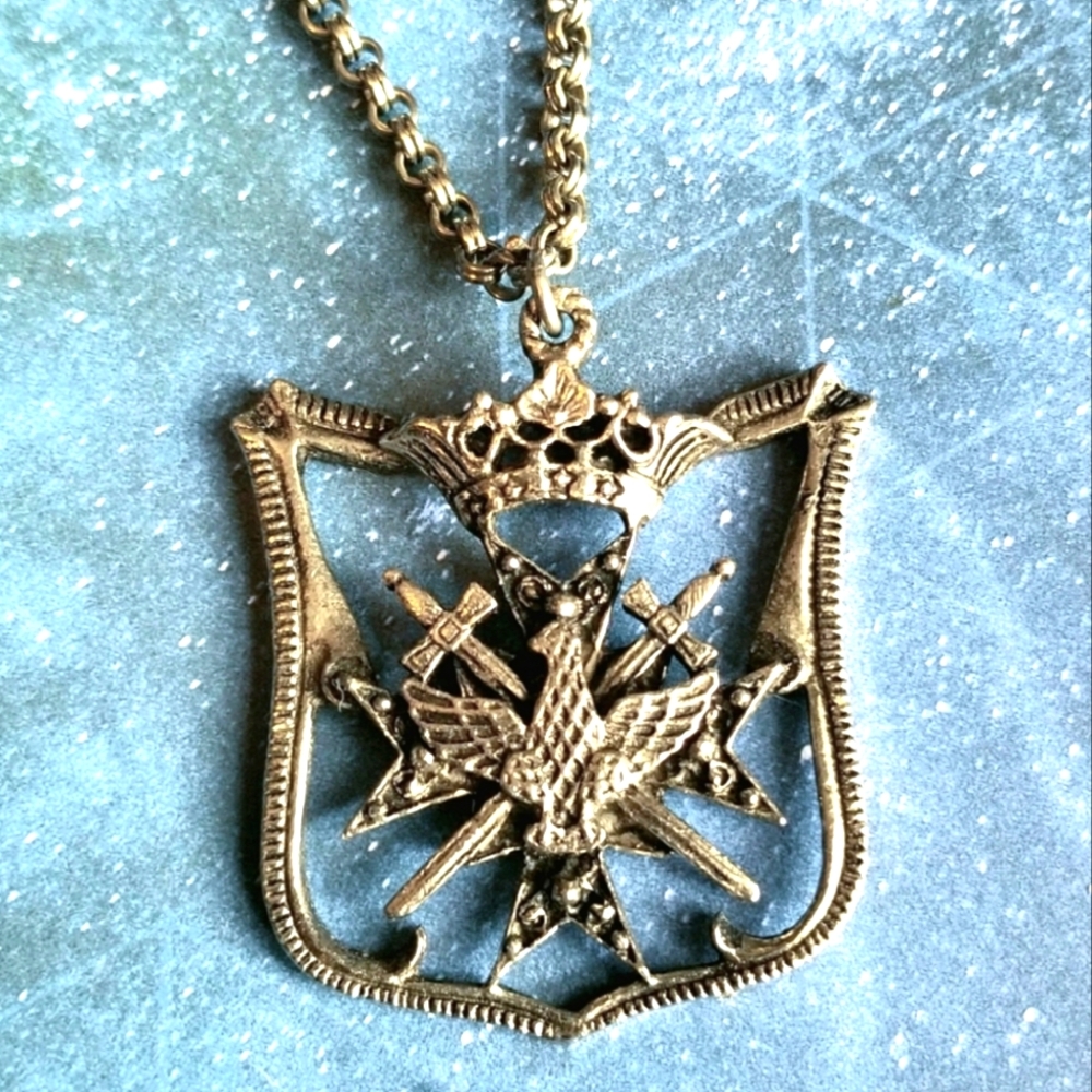 Vintage necklace heraldic eagle necklace silver tone crown